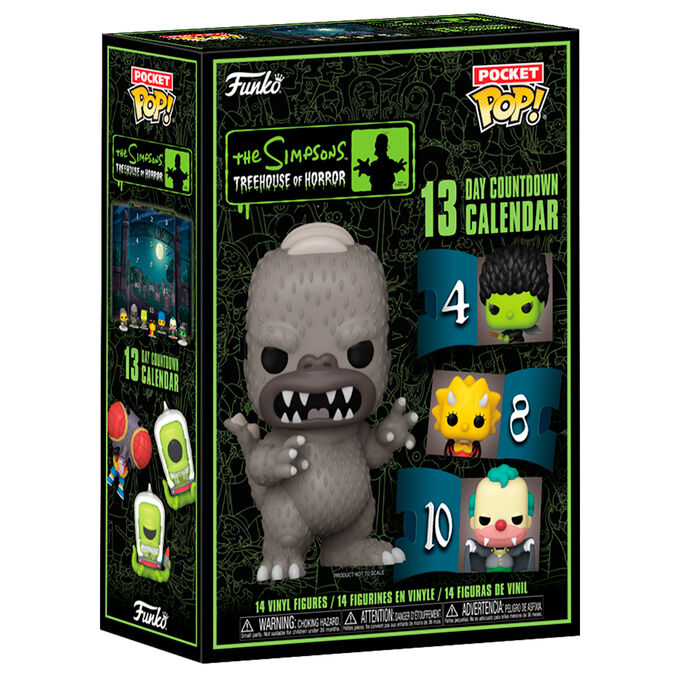 Calendario de Adviento de 13 días de La casa del terror de los Simpson. Abre las pequeñas puertas y descubrirás 13 Funko Pocket Pops únicos con algunos de tus personajes animados favoritos. ¿Quién será el próximo en unirse a tu colección de Los Simpson? Las figuras Pocket Pop! varían en altura dependiendo del personaje.