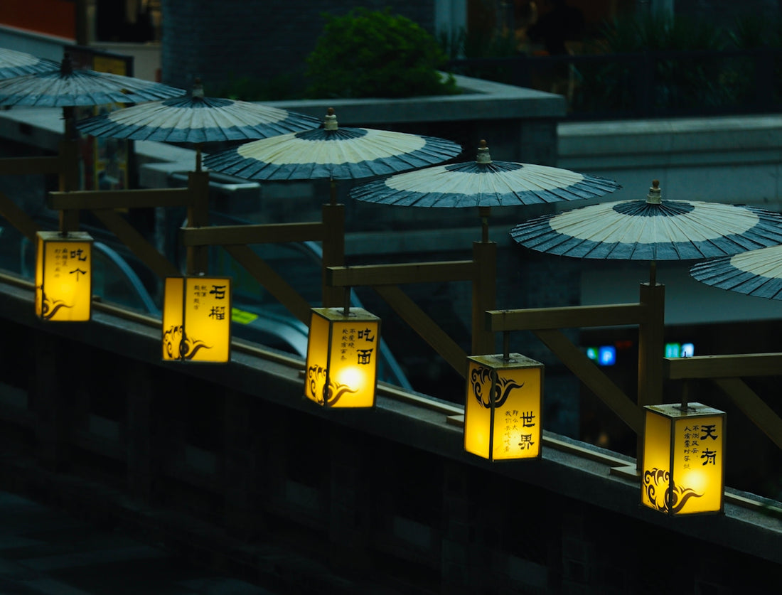 a row of lanterns with asian writing on them