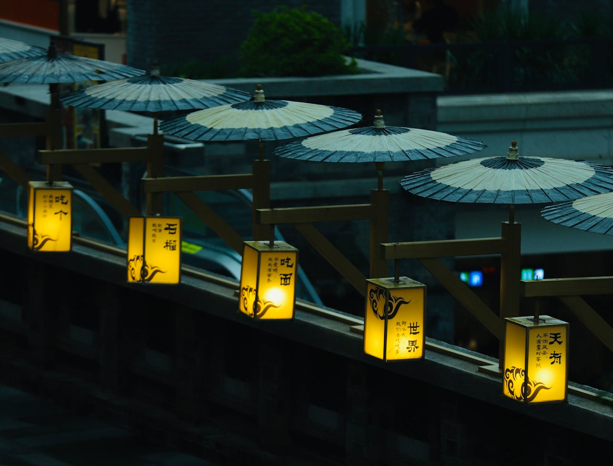 a row of lanterns with asian writing on them