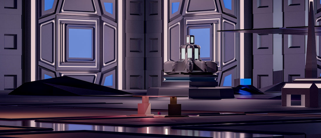 a futuristic city with a ship in the distance