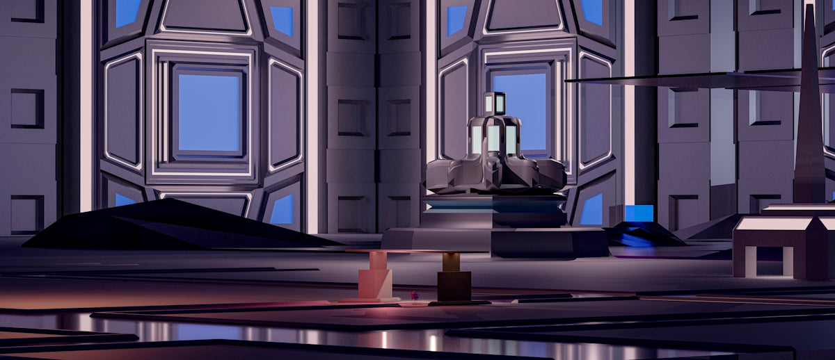 a futuristic city with a ship in the distance