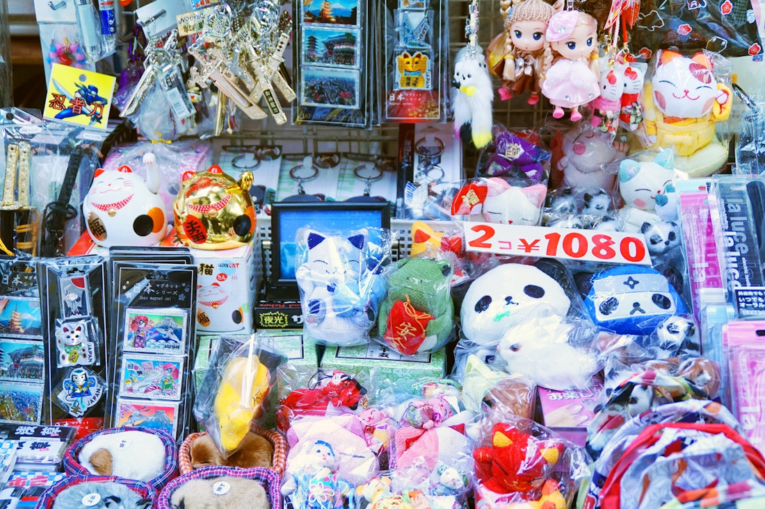 a bunch of stuffed animals are on display