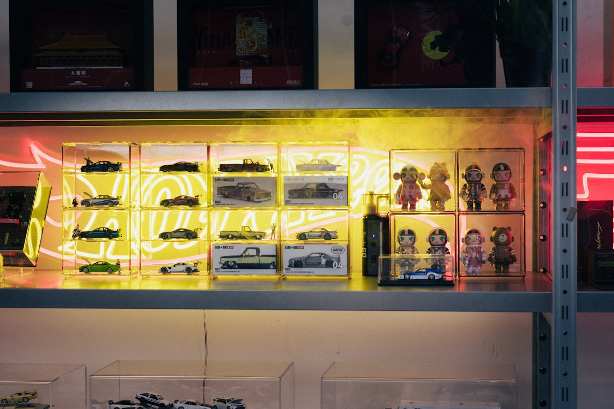 Modern storefront display with illuminated products