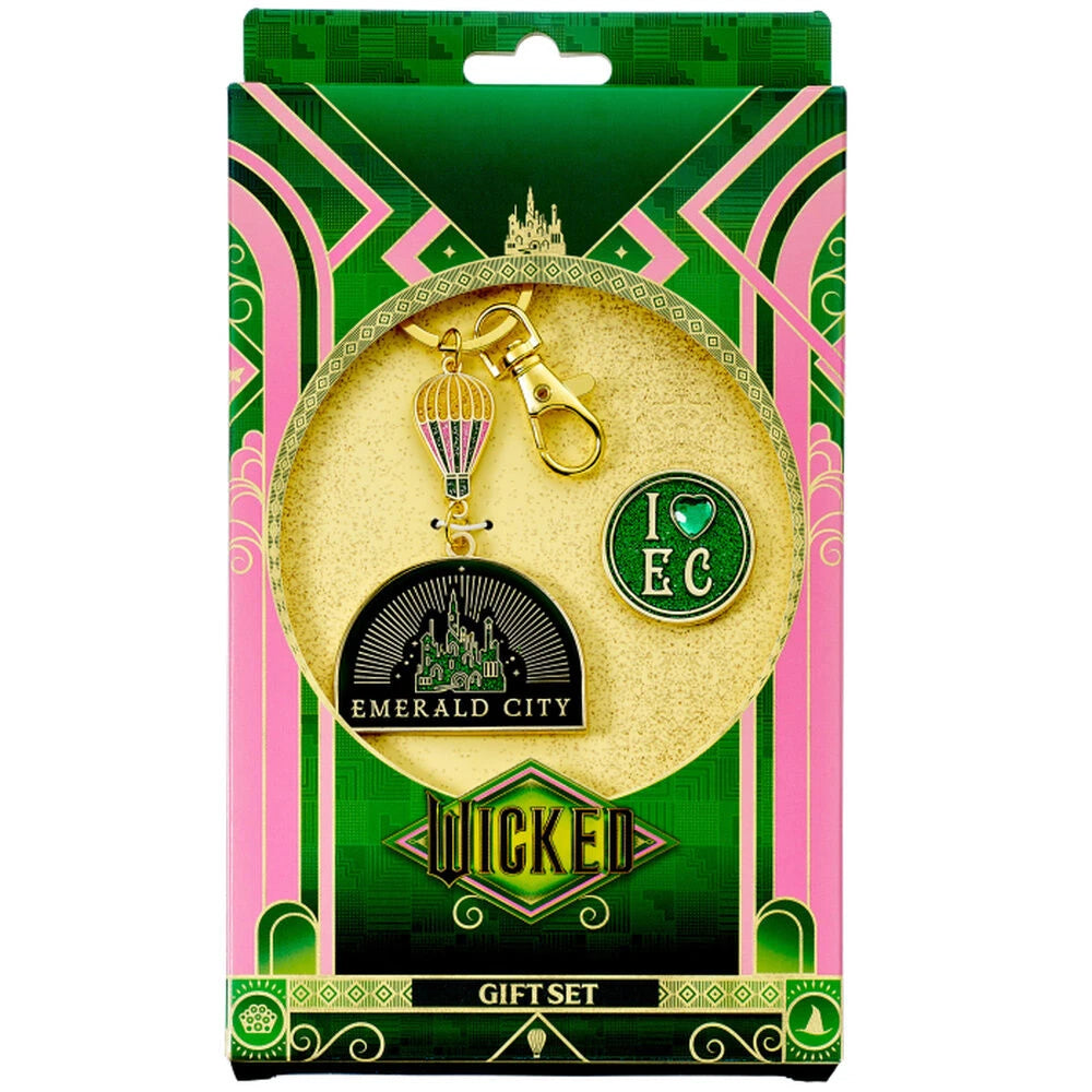 Wicked Emerald City Luftballong Nyckelring & pin badge present set