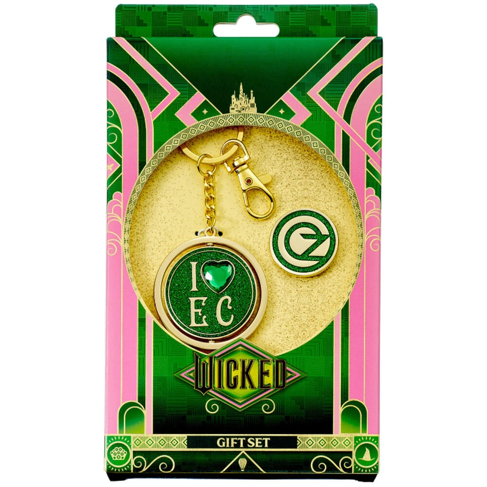 Wicked Jag älskar Emerald City Oz Logotyp Nyckelring & pin badge presentset