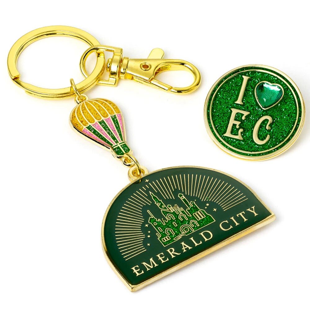 Wicked Emerald City Luftballong Nyckelring & pin badge present set