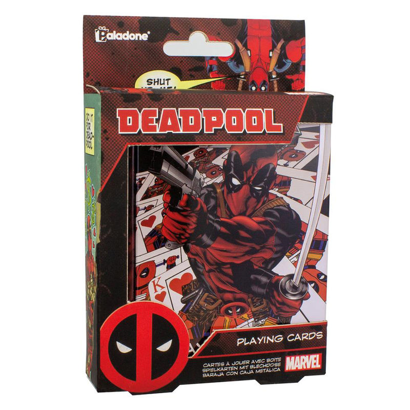 Deck of cards Marvel Deadpool in metallic box with comic shape.