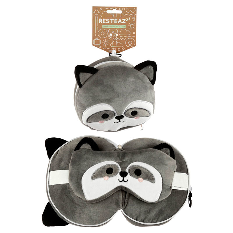 Relaxeazzz Raccoon Rund Resekudde och Ögonmask