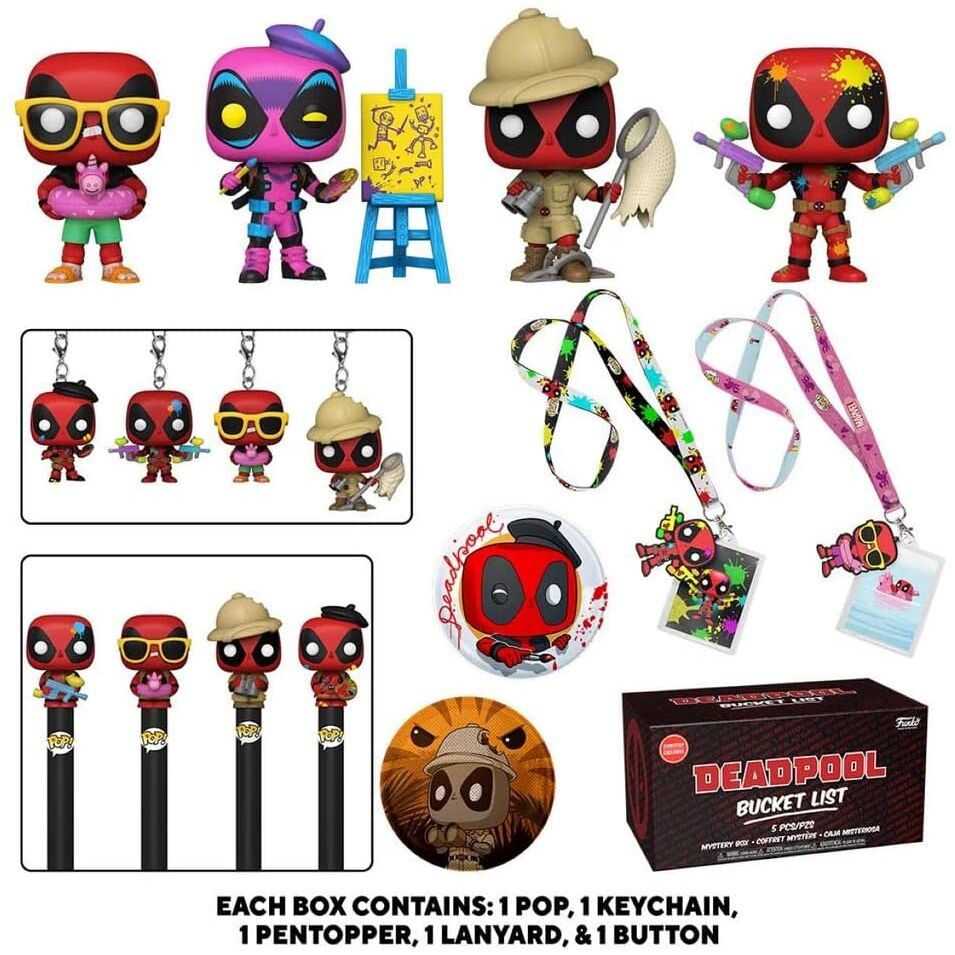 This Deadpool Box Kit includes: 1 random POP Figure. 1 random POP Keyring