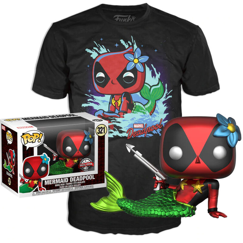 Set med Figur POP & Tee Marvel Deadpool Mermaid - Exklusiv Storlek M