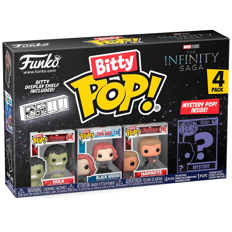 Your favourite Pops! have been shrunk into Bitty Pops! Expand your collection with this assortment of Bitty Pop! figures featuring your most beloved cartoon characters! Each 4-pack comes with one rare or hyper rare mystery Bitty Pop! to complete the series. Bitty Pops! are packaged in hard acrylic cases with detachable bottom lids. Detachable bottom lids double as acrylic bases
