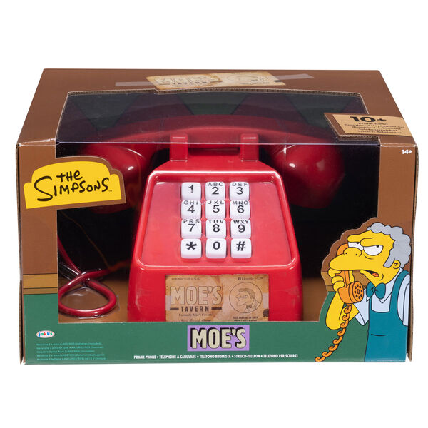 The Simpsons Moes Moes Joke Phone captures the look of the iconic phone seen in Moes Tavern. It features prank phone calls and phrases from various characters from the animated series. Pick up the telephone handset and dial any 7 digits to hear funny prank calls that have been made to Moes Tavern over the years. Switch modes to have the phone call you randomly with the prank calls. Requires 3 AAA batteries (included).
