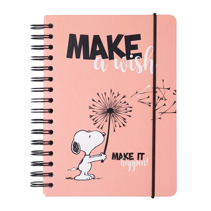 It has 90 A5 size sheets. Hardback covers with wire-o binding. Elastic band closure. Includes inside pocket. Rounded outer corners.