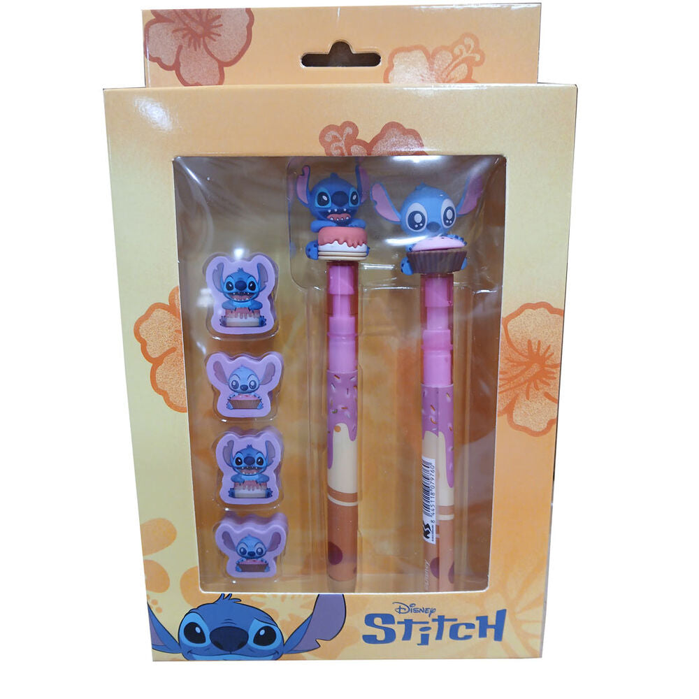 Disney Stitch Pen, Blyertspenna och 4 Suddgummi-set